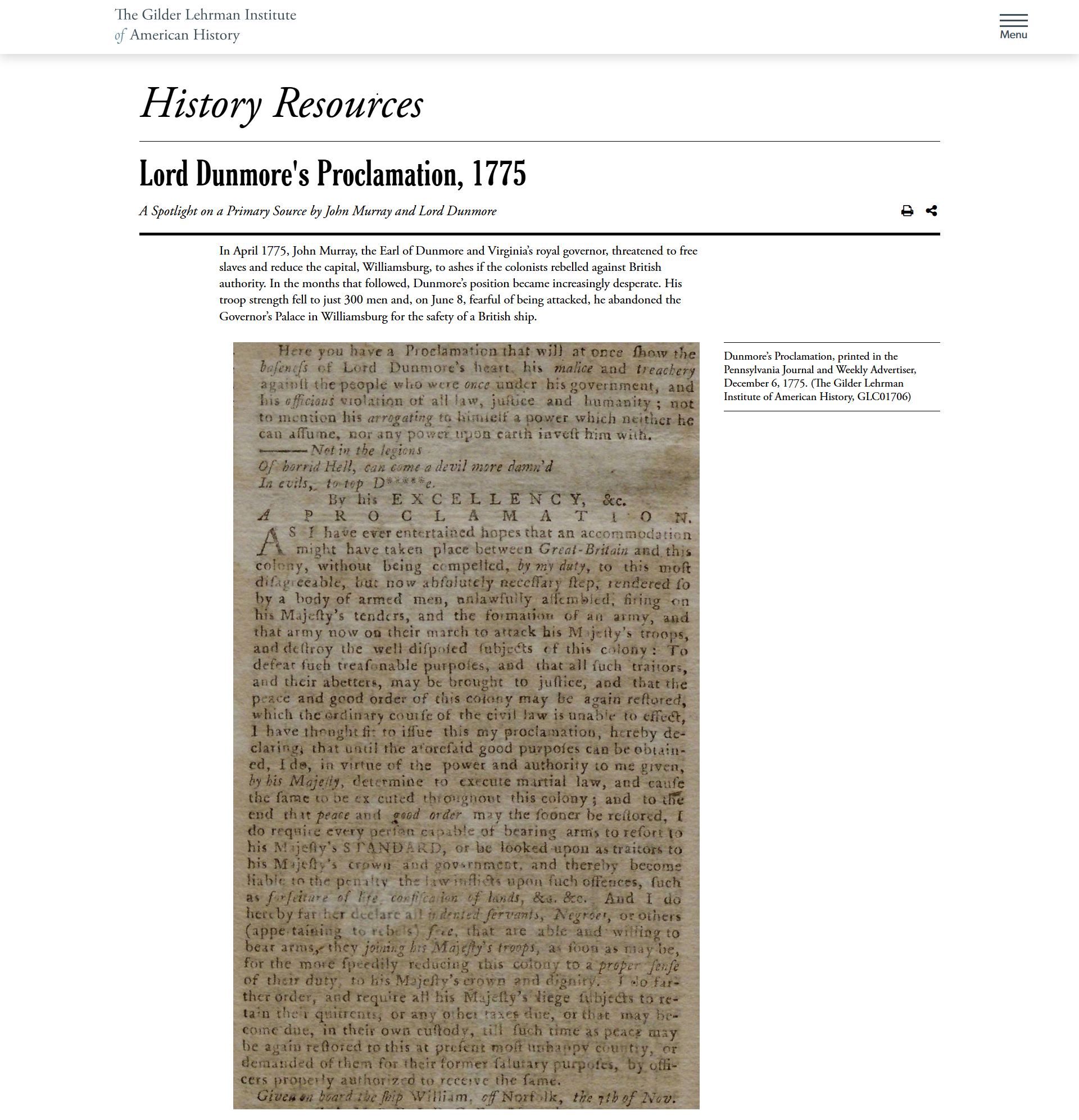 Lord Dunmore’s Proclamation (1775): Black Loyalists in the American Revolution