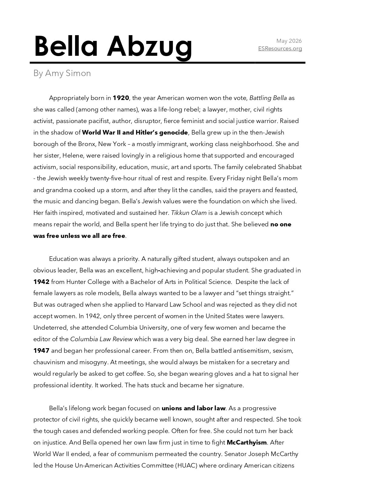 Bella Abzug – Classroom Reading (Issue No. 1, May 2026)